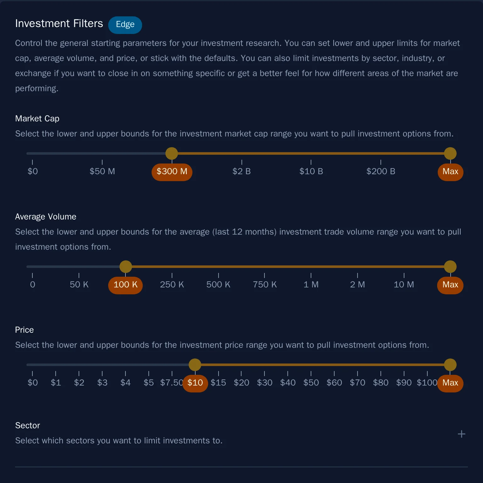 The investment filter sliders for market cap, average volume, and price