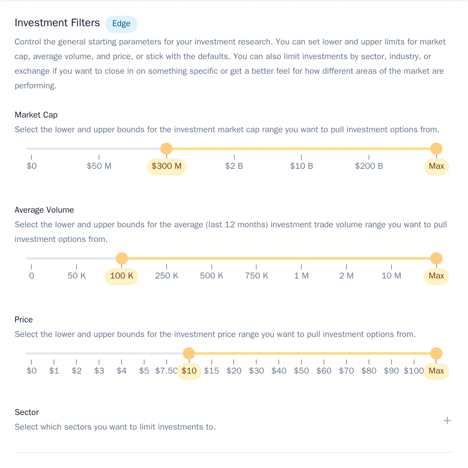 The investment filter sliders for market cap, average volume, and price