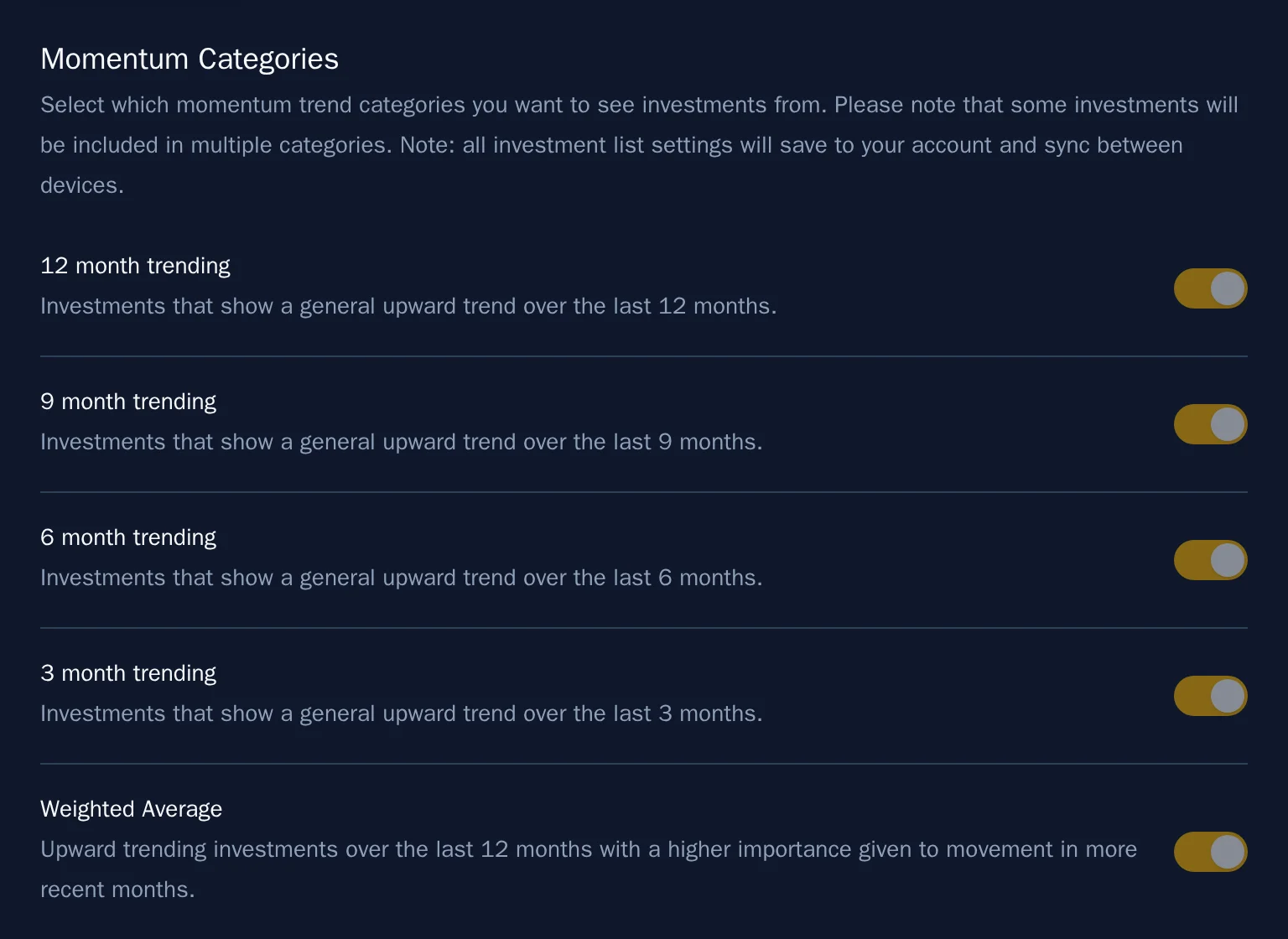 The settings panel showing momentum categories