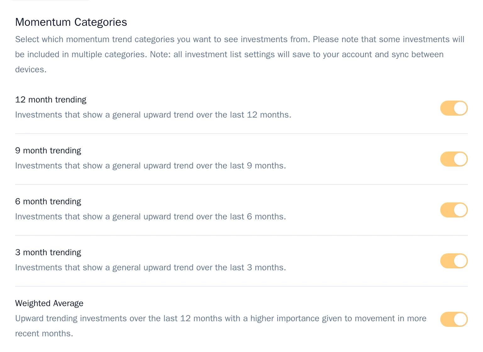 The settings panel showing momentum categories